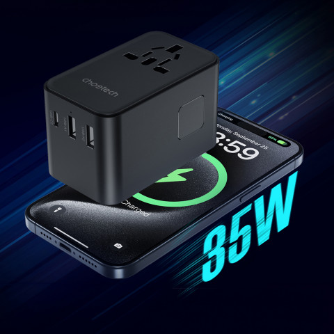 
35 W ES/ JAV/ Australijos/ JK kelioninis įkroviklis su integruotu USB-C laidu – juodas
