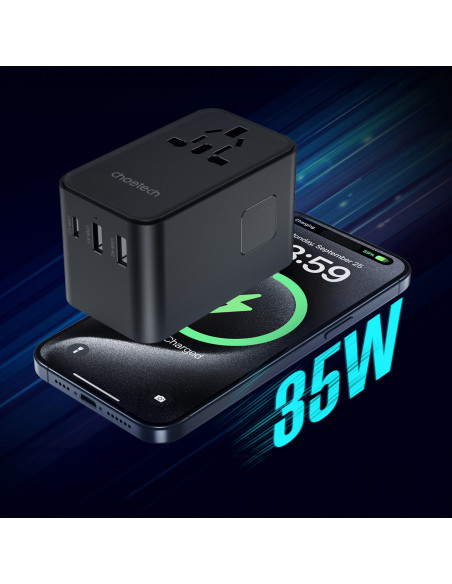 
35 W ES/ JAV/ Australijos/ JK kelioninis įkroviklis su integruotu USB-C laidu – juodas
