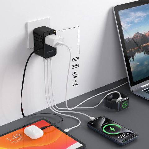 
35 W ES/ JAV/ Australijos/ JK kelioninis įkroviklis su integruotu USB-C laidu – juodas
