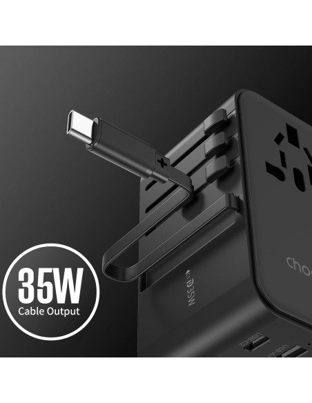 
35 W ES/ JAV/ Australijos/ JK kelioninis įkroviklis su integruotu USB-C laidu – juodas
