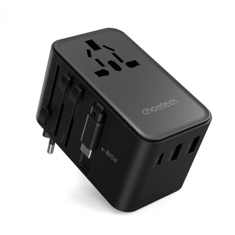 
45 W ES/ JAV/ Australijos/ JK kelioninis įkroviklis su integruotu USB-C laidu – juodas
