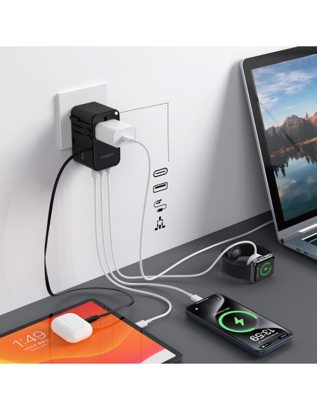 
45 W ES/ JAV/ Australijos/ JK kelioninis įkroviklis su integruotu USB-C laidu – juodas
