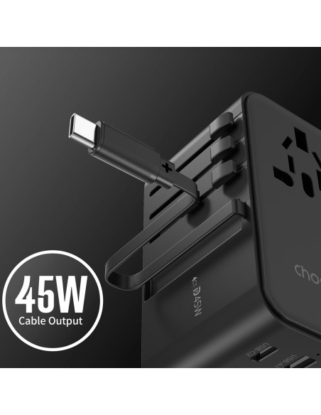 
45 W ES/ JAV/ Australijos/ JK kelioninis įkroviklis su integruotu USB-C laidu – juodas
