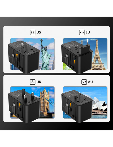 
70 W ES/ JAV/ Australijos/ JK kelioninis įkroviklis su integruotu USB-C laidu – juodas
