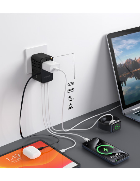 
70 W ES/ JAV/ Australijos/ JK kelioninis įkroviklis su integruotu USB-C laidu – juodas
