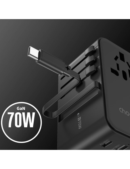
70 W ES/ JAV/ Australijos/ JK kelioninis įkroviklis su integruotu USB-C laidu – juodas

