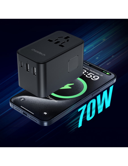 
70 W ES/ JAV/ Australijos/ JK kelioninis įkroviklis su integruotu USB-C laidu – juodas
