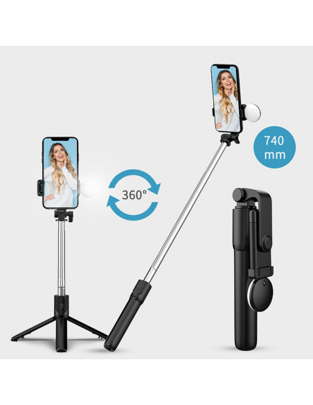 
Teleskopinė asmenukių lazda su nuotolinio valdymo pultu + LED lempute, telefono trikojis 0,71 m - juoda
