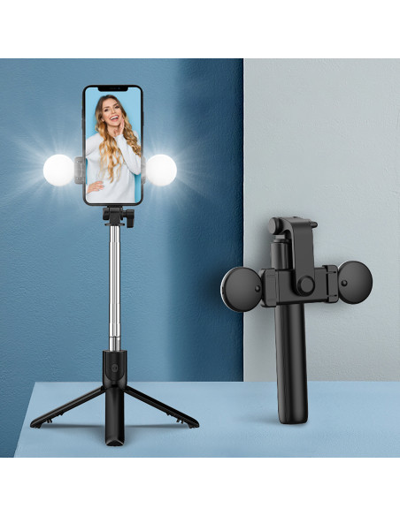 
Teleskopinė asmenukių lazda su nuotolinio valdymo pultu + LED lempute, telefono trikojis 0,71 m - juoda
