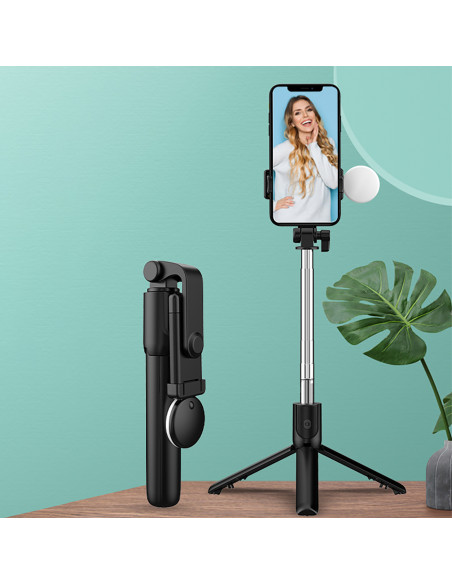 
Teleskopinė asmenukių lazda su nuotolinio valdymo pultu + LED lempute, telefono trikojis 0,71 m - juoda
