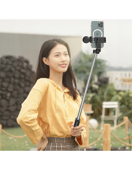 
Teleskopinė asmenukių lazda su nuotolinio valdymo pultu + LED lempute, telefono trikojis 1 m - juoda
