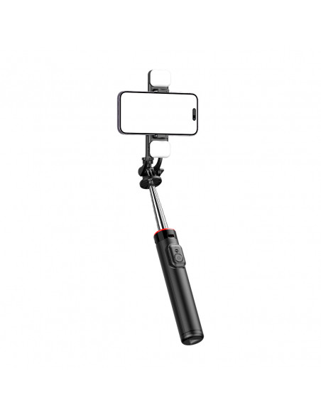 
Teleskopinė asmenukių lazda su nuotolinio valdymo pultu + 2 LED lempos, telefono trikojis 1,3 m - juoda
