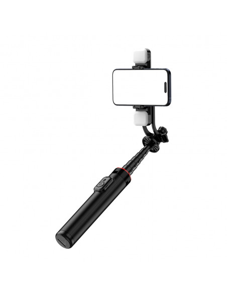 
Teleskopinė asmenukių lazda su nuotolinio valdymo pultu + 2 LED lempos, telefono trikojis, 1,3 m aliuminio - juoda
