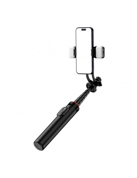 
Teleskopinė asmenukių lazda su nuotolinio valdymo pultu + 2 LED lempos, telefono trikojis, 1,3 m aliuminio - juoda
