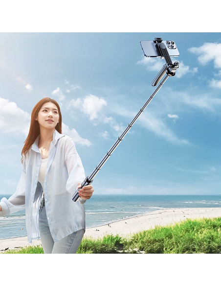 
Teleskopinė asmenukių lazda su nuotolinio valdymo pultu, telefono trikojis, 1,75 m aliuminio - juoda
