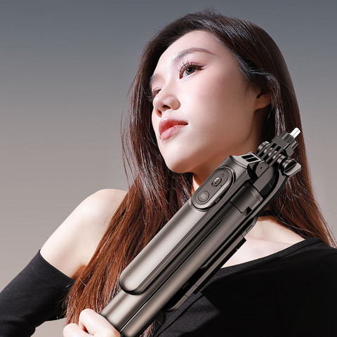 
Teleskopinė asmenukių lazda su nuotolinio valdymo pultu, telefono trikojis, 1,75 m aliuminio - juoda
