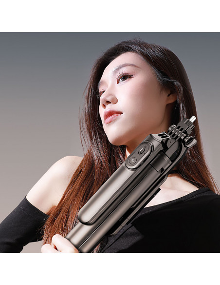 
Teleskopinė asmenukių lazda su nuotolinio valdymo pultu, telefono trikojis, 1,75 m aliuminio - juoda
