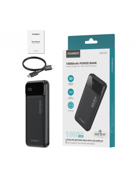 
Nešiojamoji baterija 10000 mAh 22,5 W PD USB-A USB-C - juoda
