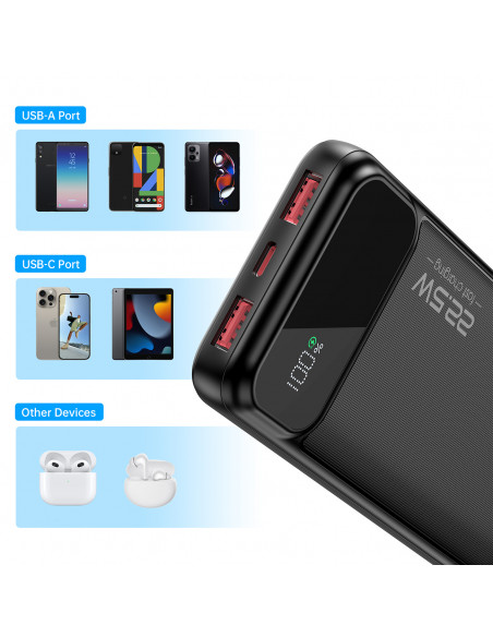 
Nešiojamoji baterija 10000 mAh 22,5 W PD USB-A USB-C - juoda
