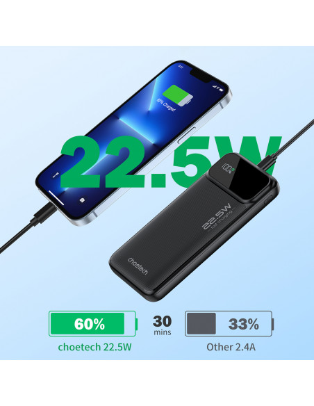 
Nešiojamoji baterija 10000 mAh 22,5 W PD USB-A USB-C - juoda
