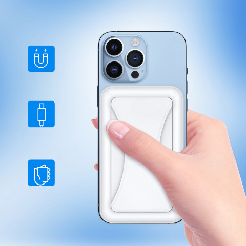 
Nešiojamoji baterija 10000 mAh 20W „MagSafe USB-A“ su USB-C stovo funkcija – balta
