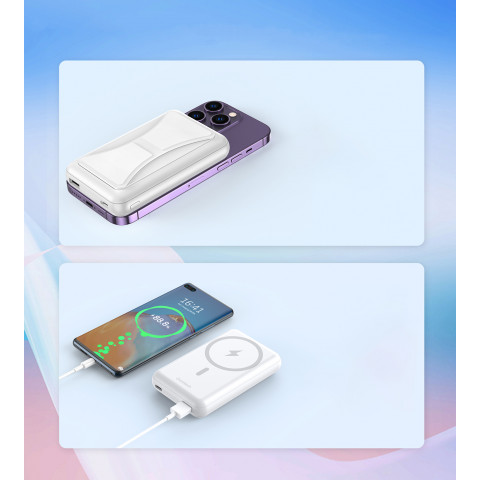 
Nešiojamoji baterija 10000 mAh 20W „MagSafe USB-A“ su USB-C stovo funkcija – balta
