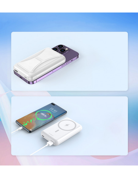 
Nešiojamoji baterija 10000 mAh 20W „MagSafe USB-A“ su USB-C stovo funkcija – balta
