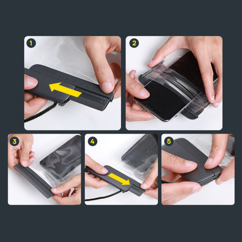 
„AquaGlide IPX8“ vandeniui atsparus telefono dėklas 7,2 colio telefonui su slankiojančia užrakto sistema – juodas
