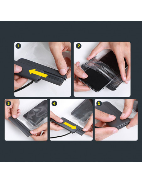 
„AquaGlide IPX8“ vandeniui atsparus telefono dėklas 7,2 colio telefonui su slankiojančia užrakto sistema – juodas
