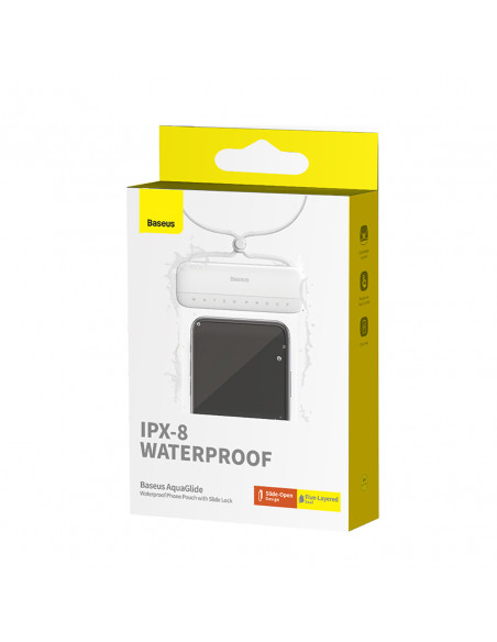 
„AquaGlide IPX8“ vandeniui atsparus telefono dėklas 7,2 colio telefonui su slankiojančia užrakto sistema – baltas
