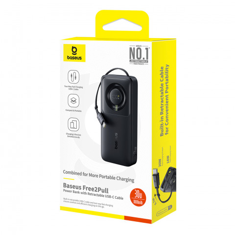 
„Free2Pull“ 10000 mAh 30 W išorinė baterija su USB-C prievadu ir ištraukiamu USB-C laidu – juoda
