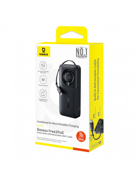 
„Free2Pull“ 10000 mAh 30 W išorinė baterija su USB-C prievadu ir ištraukiamu USB-C laidu – juoda
