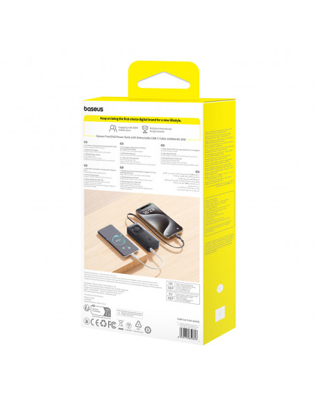 
„Free2Pull“ 10000 mAh 30 W išorinė baterija su USB-C prievadu ir ištraukiamu USB-C laidu – juoda
