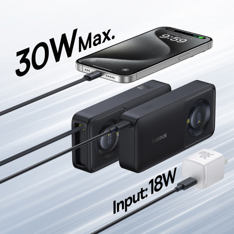 
„Free2Pull“ 10000 mAh 30 W išorinė baterija su USB-C prievadu ir ištraukiamu USB-C laidu – juoda
