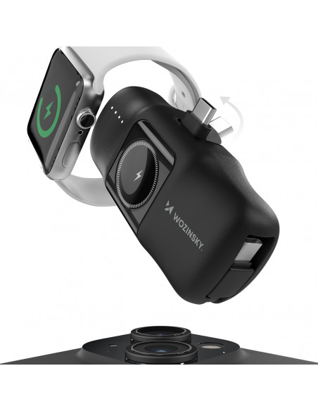 
Mini išorinė baterija 5000mAh 15W USB-C su Apple Watch įkrovikliu – juoda
