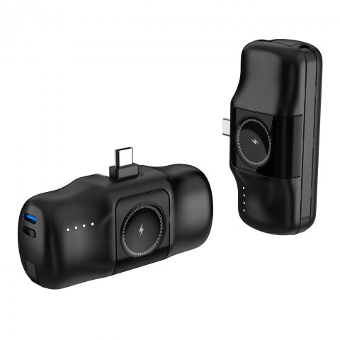 
Mini išorinė baterija 5000mAh 15W USB-C su Apple Watch įkrovikliu – juoda
