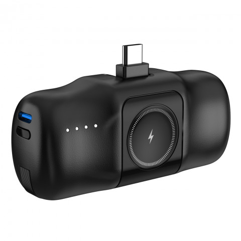 
Mini išorinė baterija 5000mAh 15W USB-C su Apple Watch įkrovikliu – juoda
