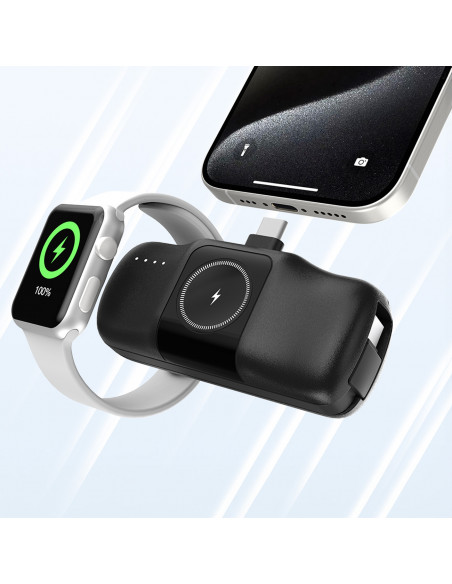 
Mini išorinė baterija 5000mAh 15W USB-C su Apple Watch įkrovikliu – juoda
