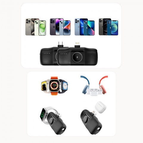 
Mini išorinė baterija 5000mAh 15W USB-C su Apple Watch įkrovikliu – juoda
