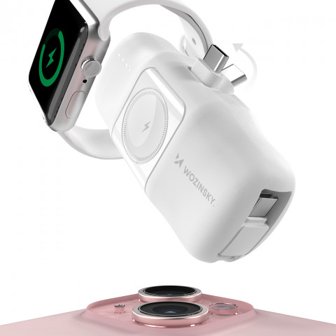 
Mini išorinė baterija 5000mAh 15W USB-C su „Apple Watch“ įkrovikliu – balta
