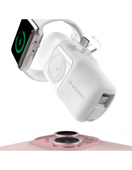 
Mini išorinė baterija 5000mAh 15W USB-C su „Apple Watch“ įkrovikliu – balta
