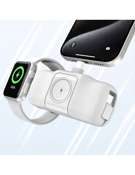 
Mini išorinė baterija 5000mAh 15W USB-C su „Apple Watch“ įkrovikliu – balta
