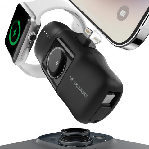 
Mini išorinė baterija 5000mAh 15W su „iPhone Lightning“ ir „Apple Watch“ įkrovikliu – juoda
