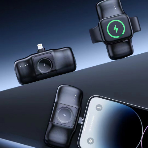 
Mini išorinė baterija 5000mAh 15W su „iPhone Lightning“ ir „Apple Watch“ įkrovikliu – juoda
