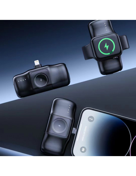 
Mini išorinė baterija 5000mAh 15W su „iPhone Lightning“ ir „Apple Watch“ įkrovikliu – juoda
