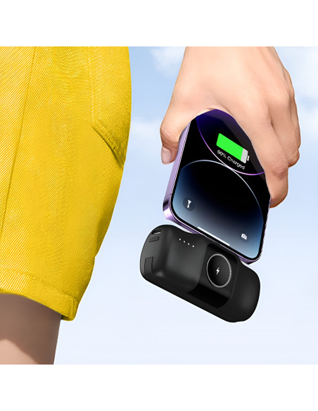 
Mini išorinė baterija 5000mAh 15W su „iPhone Lightning“ ir „Apple Watch“ įkrovikliu – juoda
