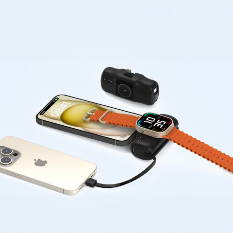 
Mini išorinė baterija 5000mAh 15W su „iPhone Lightning“ ir „Apple Watch“ įkrovikliu – juoda
