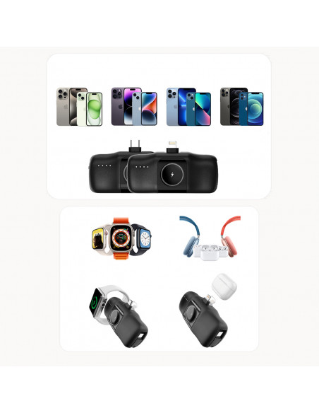 
Mini išorinė baterija 5000mAh 15W su „iPhone Lightning“ ir „Apple Watch“ įkrovikliu – juoda
