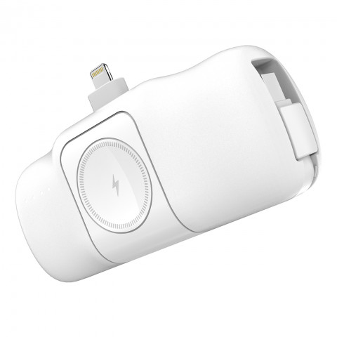
Mini išorinė baterija 5000mAh 15W su „iPhone Lightning“ ir „Apple Watch“ įkrovikliu – balta
