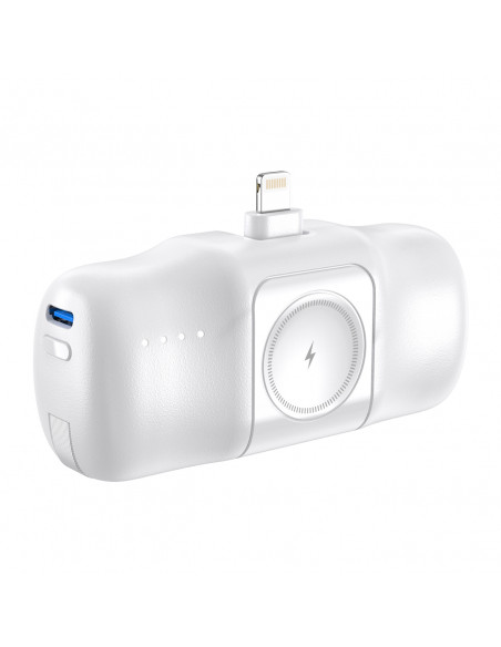 
Mini išorinė baterija 5000mAh 15W su „iPhone Lightning“ ir „Apple Watch“ įkrovikliu – balta
